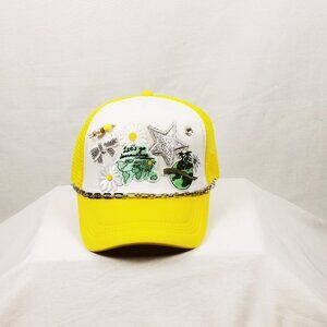 Trucker Hat, Yellow and White with a travel theme.  Snapback